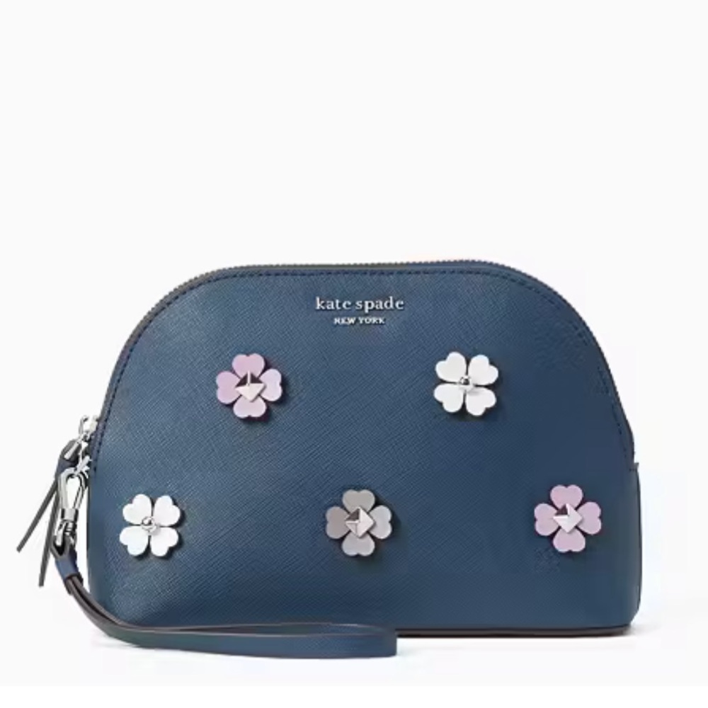 NWT Kate Spade Cameron Spade Flower Appliqué  Dome Blue  Medium Dome Cosmetics